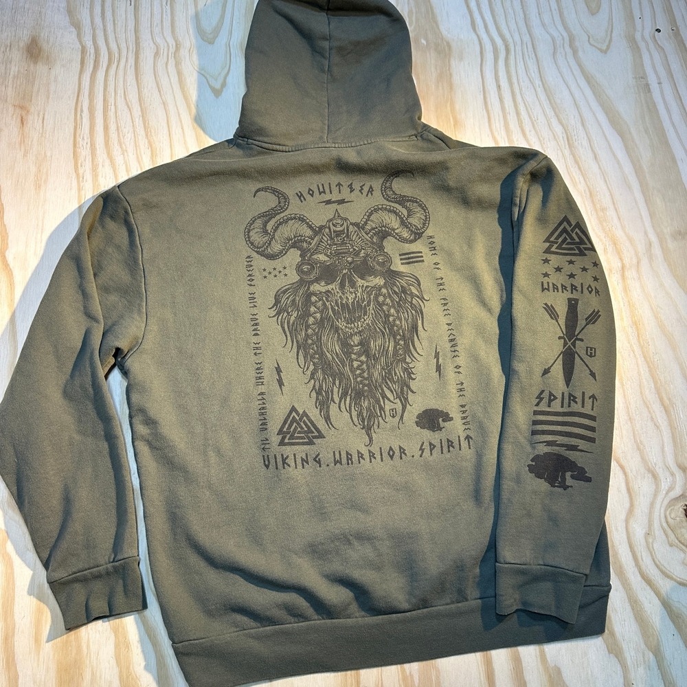 Howitzer Patriot Mfg XL Mens Olive Green Viking Warrior Spirit Graphic Hoodie